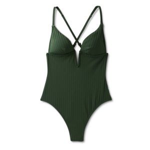 Ribbed Plunge Front V-Wire One Piece Swimsuit - Shade & Shore Dark Green size L